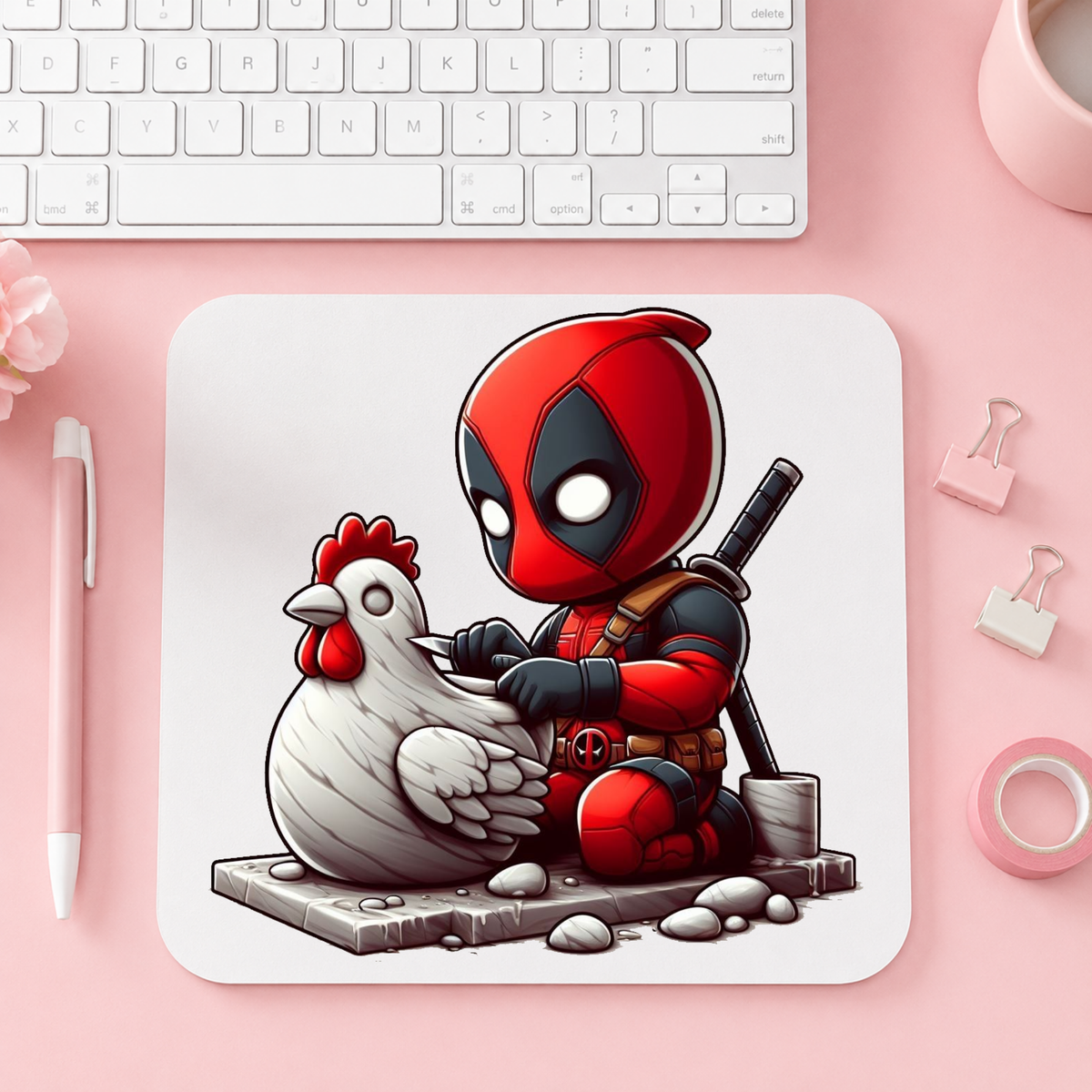 Söt Deadpool Skulpterar Kyckling | Musmatta | 20cm x 24cm