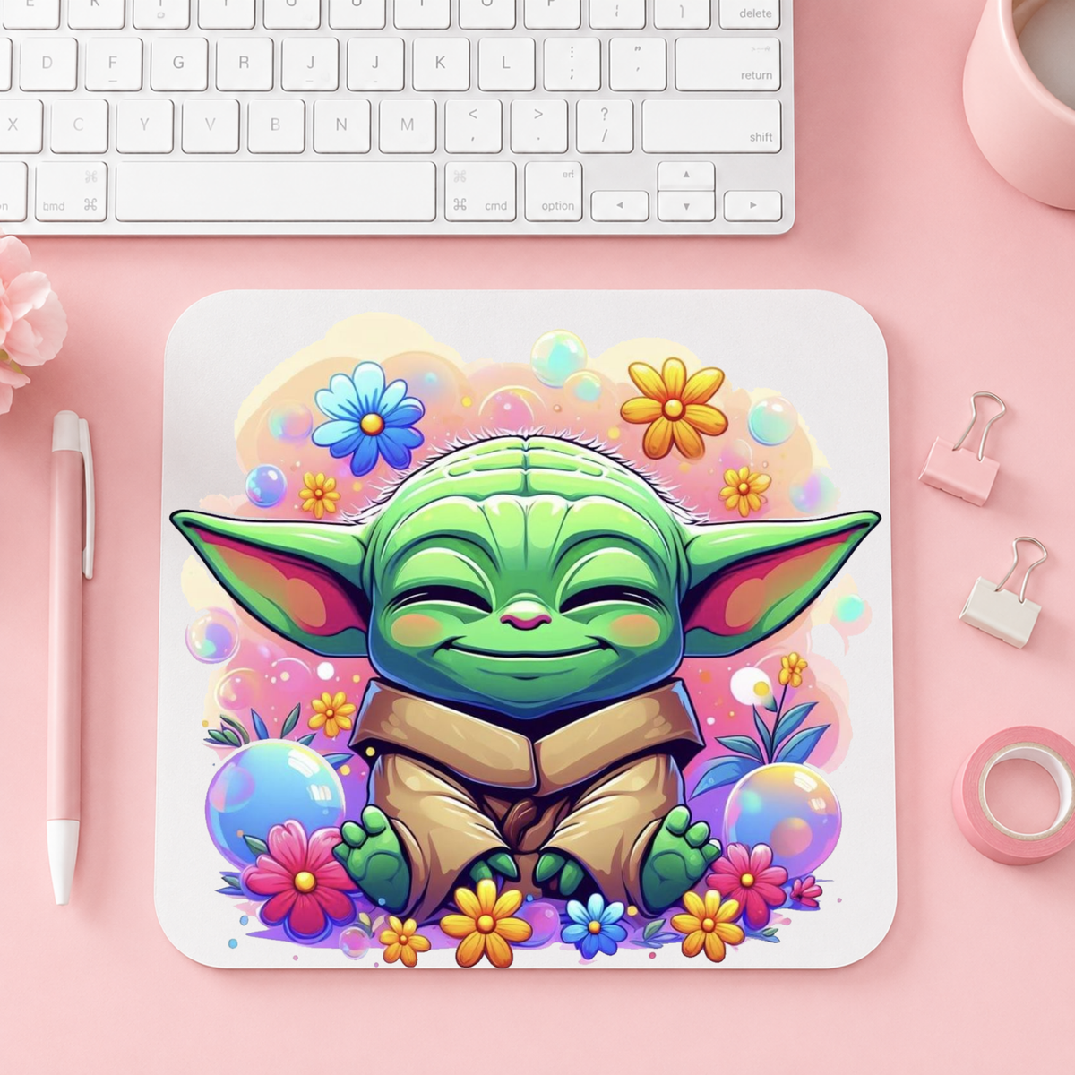 Cute Baby Yoda Grogu with Flowers | Musmatta | 20cm x 24cm