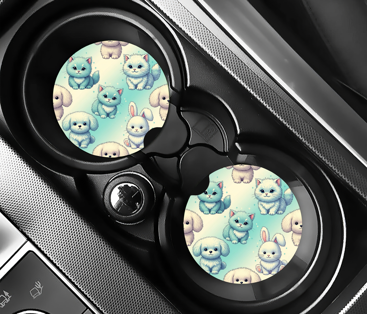 Cute Fluffy Pets & Stars Light Blue ( (2-pack) Bilunderlägg för mugghållare