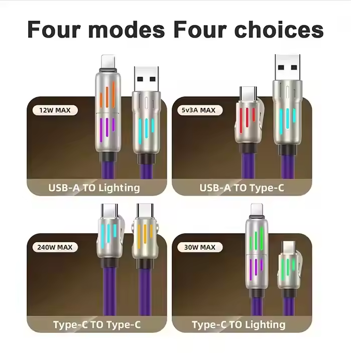 Multifunktions Laddkabel med LED – USB-A & USB-C till Lightning/USB-C (4-i-1)