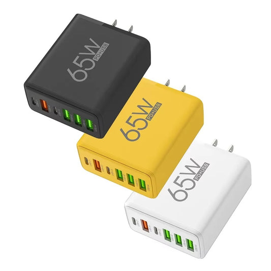Snabb Väggladdare 65W med 6 Portar – Multi USB-C & USB-A Laddstation för iPhone, Samsung & surfplatta