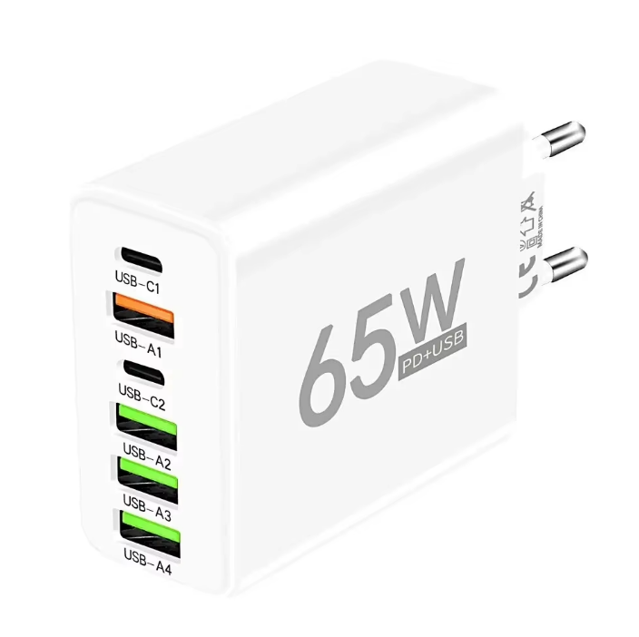 Snabb Väggladdare 65W med 6 Portar – Multi USB-C & USB-A Laddstation för iPhone, Samsung & surfplatta
