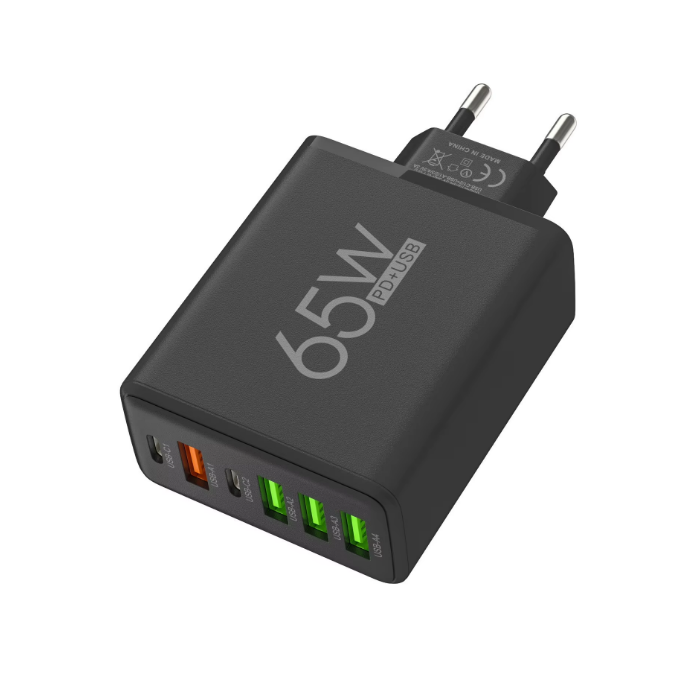 Snabb Väggladdare 65W med 6 Portar – Multi USB-C & USB-A Laddstation för iPhone, Samsung & surfplatta