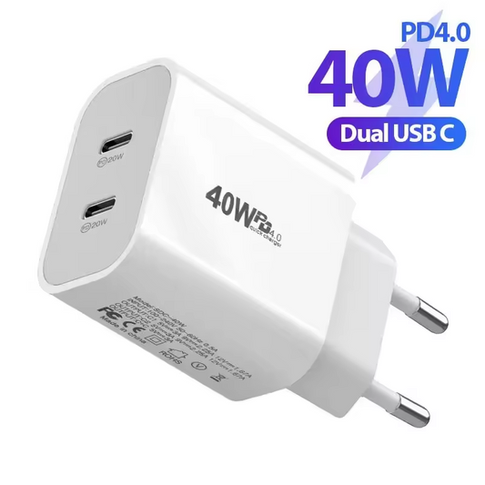 40W Snabb väggladdare med dubbla USB-C-portar – För iPhone, iPad & Samsung