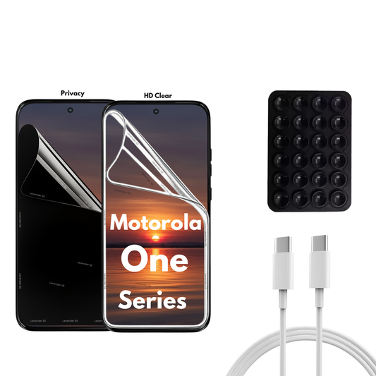 Motorola ONE Series - 2 Pack - Transparent och Privacy Skärmskydd. Laddare, sugkoppshållare