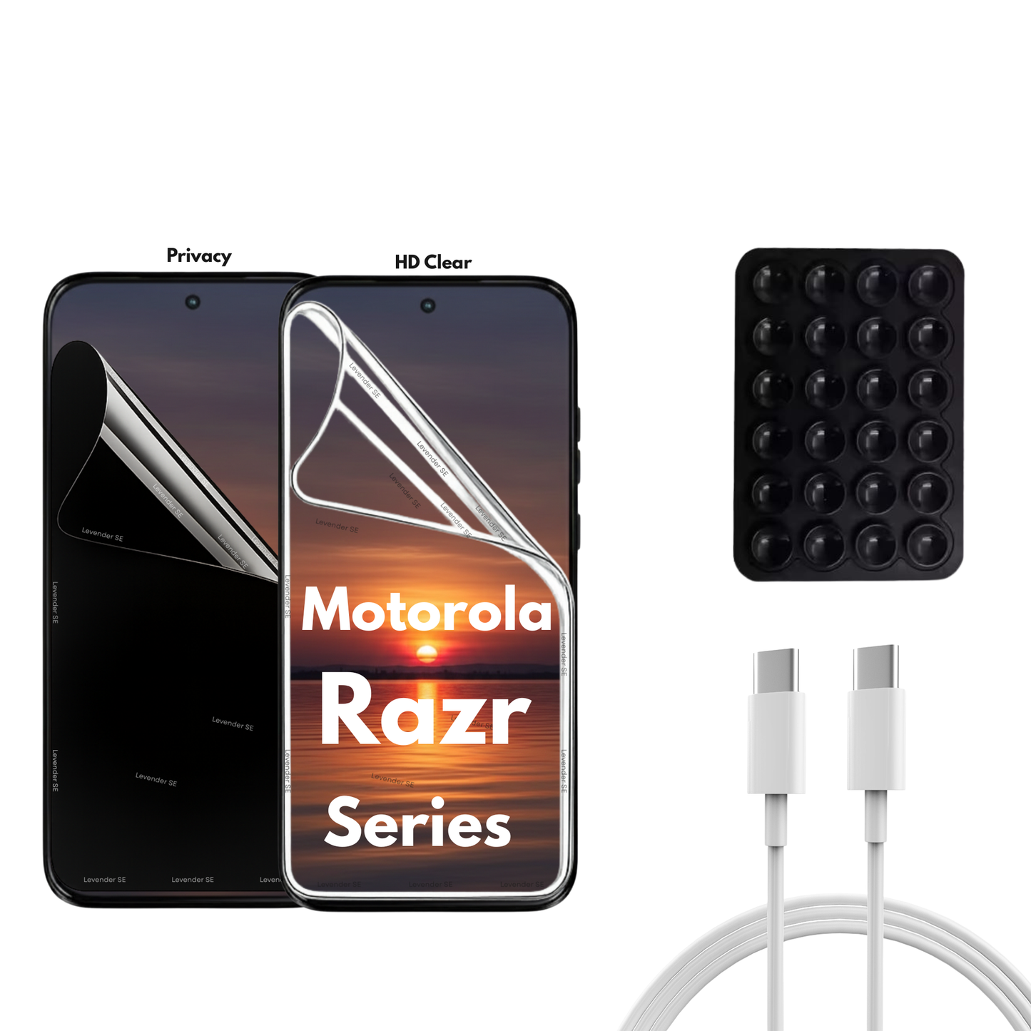 Motorola Razr Series - 2 Pack - Transparent och Privacy Skärmskydd. Laddare, sugkoppshållare