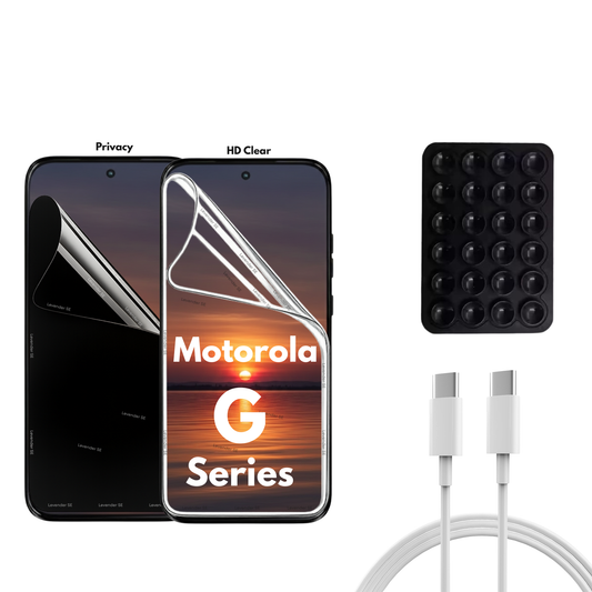 Motorola G Series - 2 Pack - Transparent och Privacy Skärmskydd. Laddare, sugkoppshållare