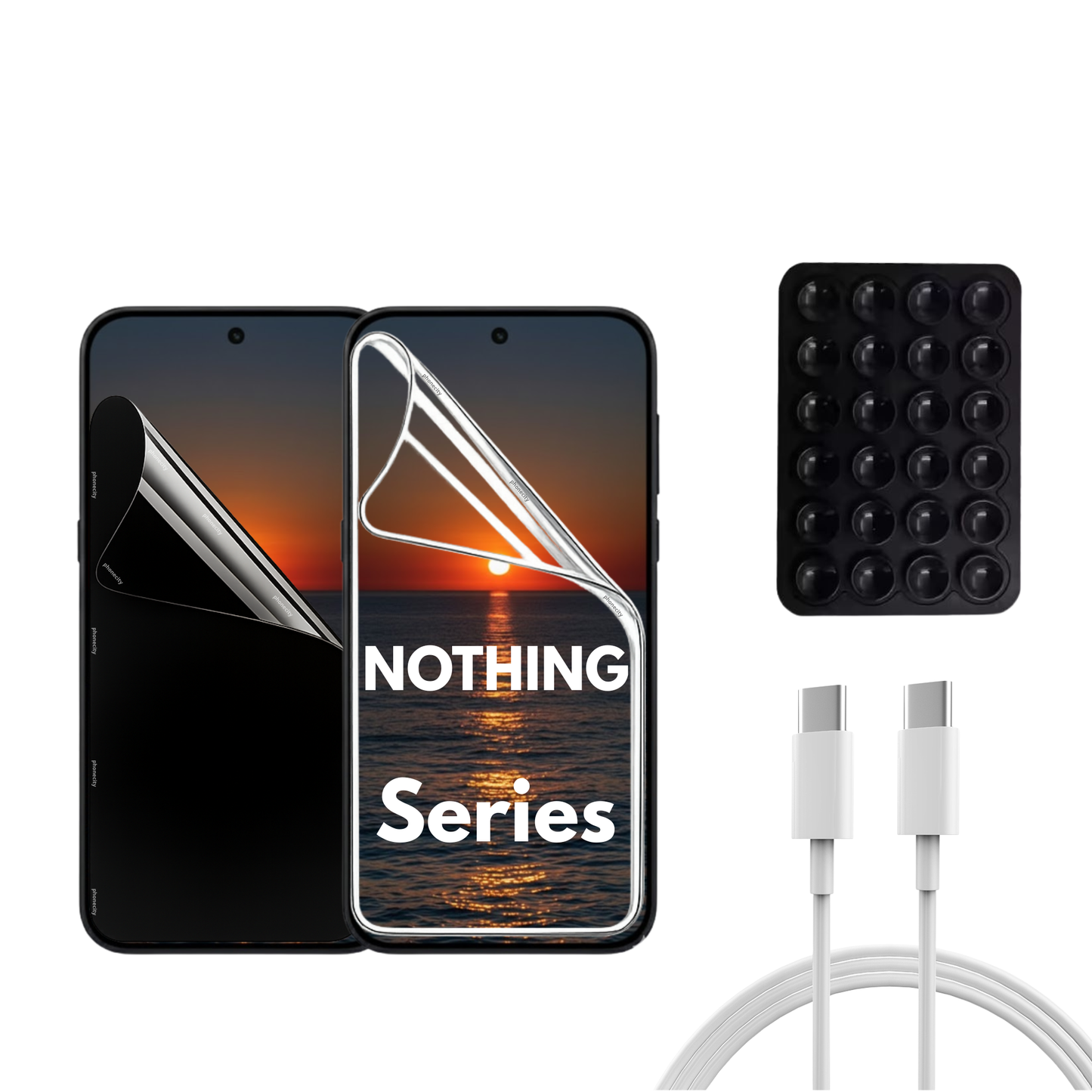 NOTHING Series - 2 Pack - Transparent och Privacy Skärmskydd. Laddare, sugkoppshållare
