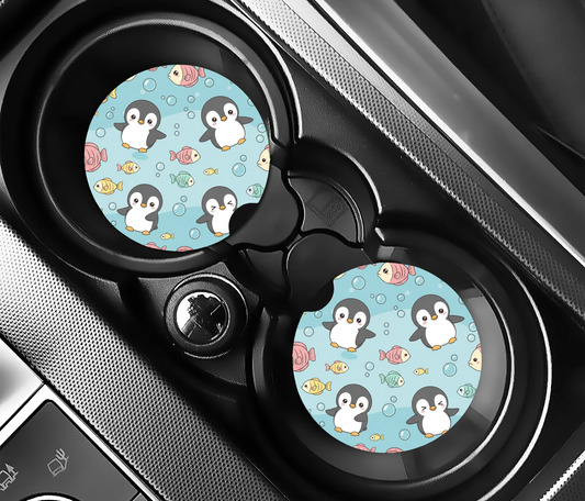 Cute Penguins & Fish Light Blue ( (2-pack) Bilunderlägg för mugghållare
