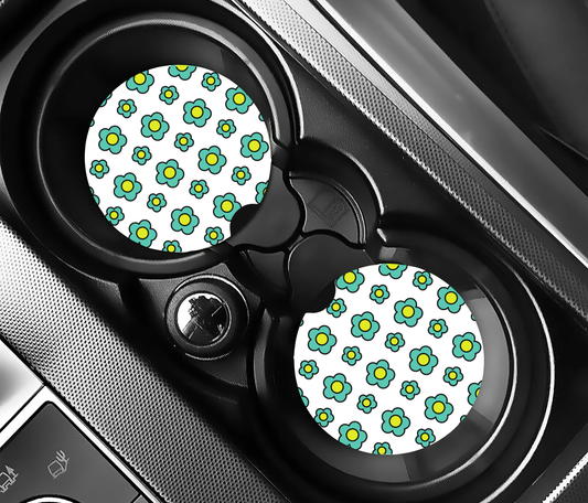Turkosa Retroblommor med Gula Detaljer (2-pack) Bilunderlägg för mugghållare