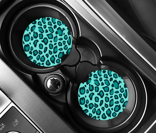 Teal & Turquoise Leopard ( (2-pack) Bilunderlägg för mugghållare