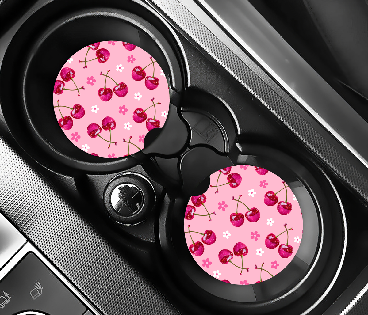 Glittriga Körsbär på Rosa Botten (2-pack) Bilunderlägg för mugghållare