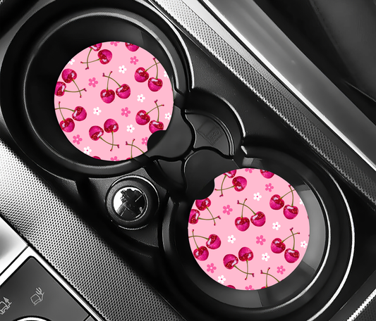 Glittriga Körsbär på Rosa Botten (2-pack) Bilunderlägg för mugghållare