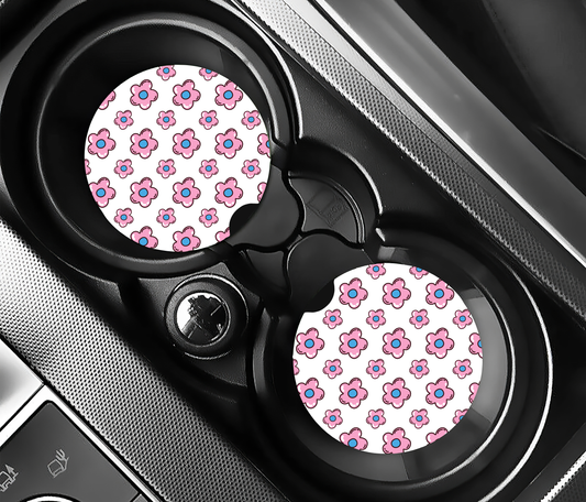 Pink Retro Daisy (2-pack) Bilunderlägg för mugghållare