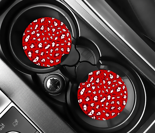 Bright Red & White Leopard ( (2-pack) Bilunderlägg för mugghållare