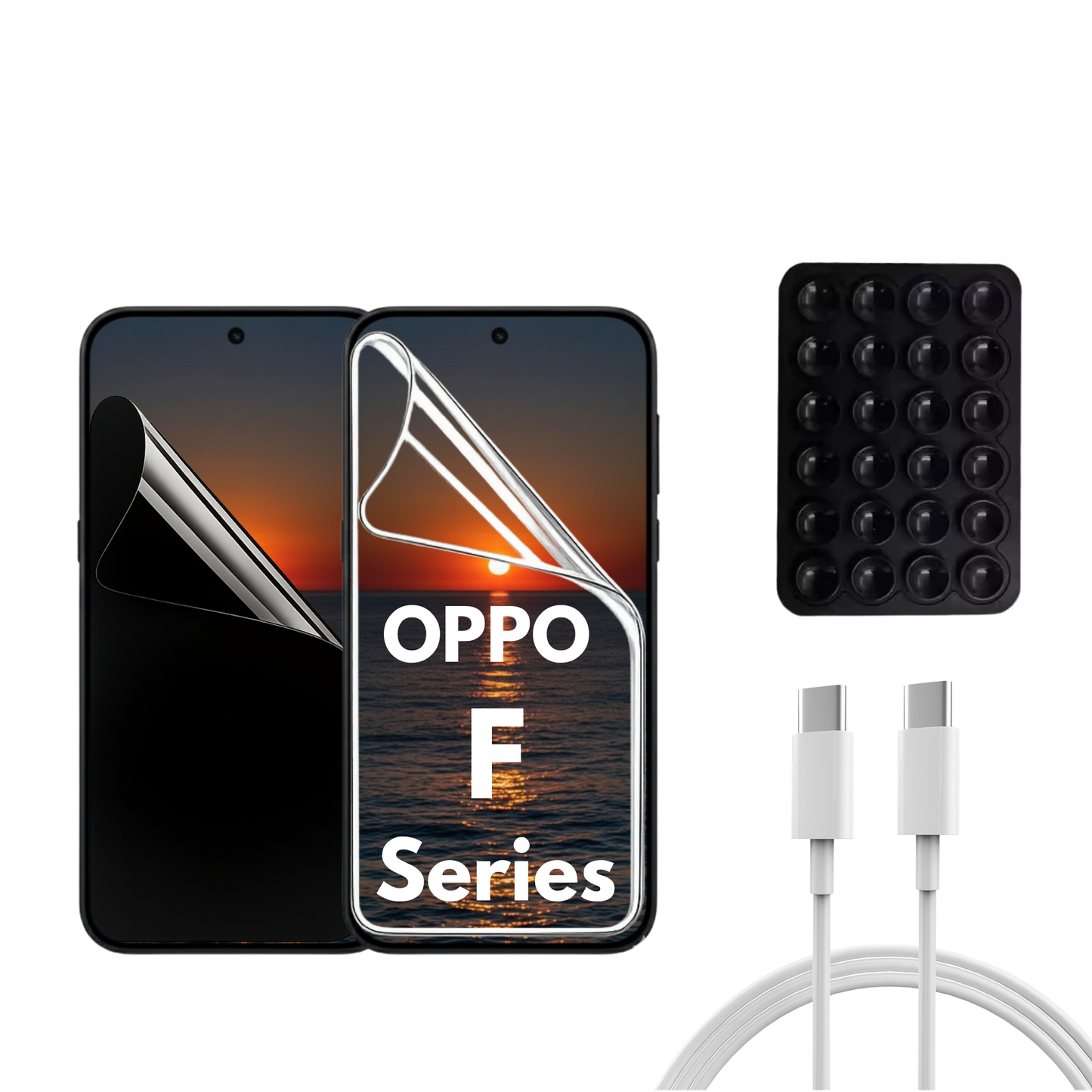 OPPO F Series - 2 Pack - Transparent och Privacy Skärmskydd. Laddare, sugkoppshållare