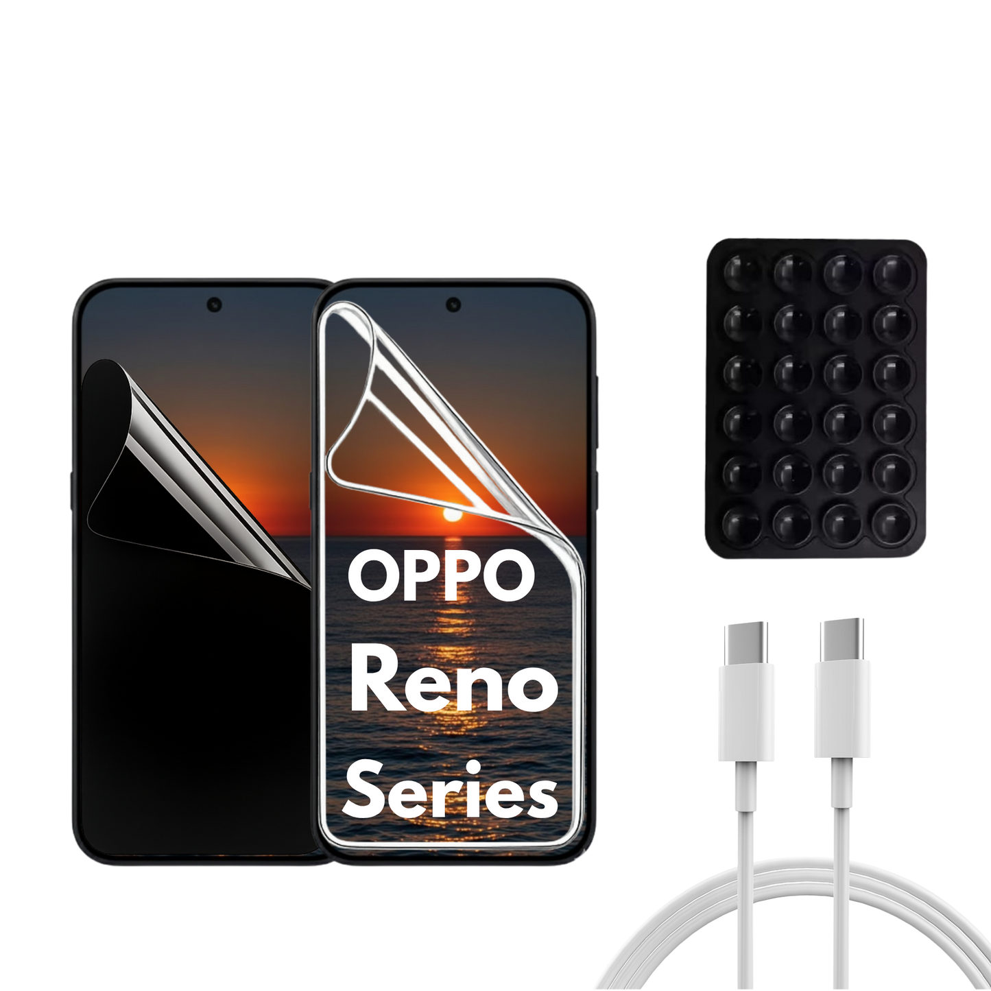 OPPO Reno Series - 2 Pack - Transparent och Privacy Skärmskydd. Laddare, sugkoppshållare