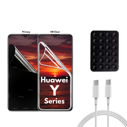 Huawei Y Series - 2 Pack - Transparent och Privacy Skärmskydd. Laddare, sugkoppshållare