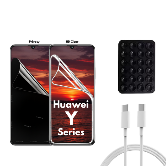 Huawei Y Series - 2 Pack - Transparent och Privacy Skärmskydd. Laddare, sugkoppshållare